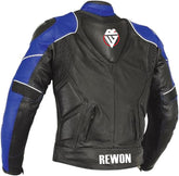 Leather motorcycle jacket with blue accents, perforated cowhide, CE-approved protectors, ideal for fitness and boxing enthusiasts.